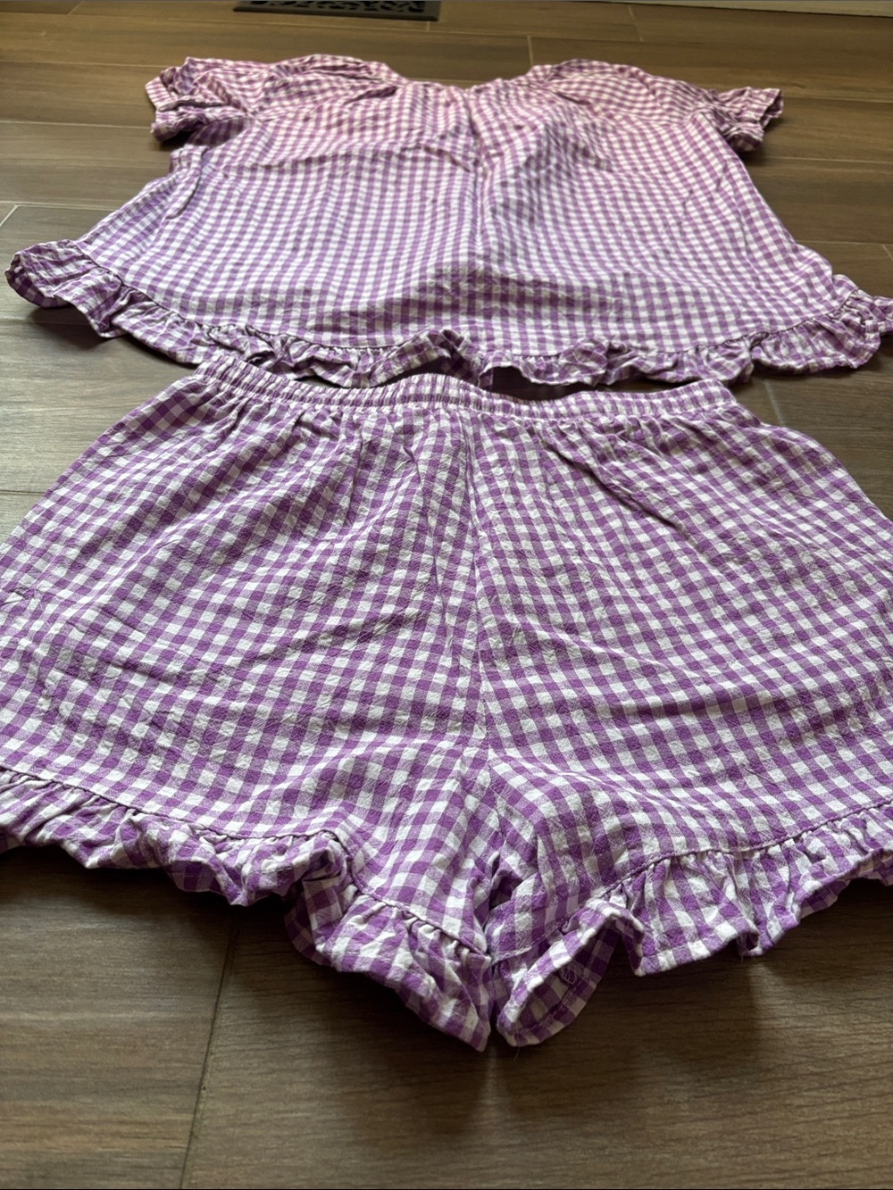 Lavender Purple Gingham Ruffle Pajama Set for Women - Picture 10 of 14